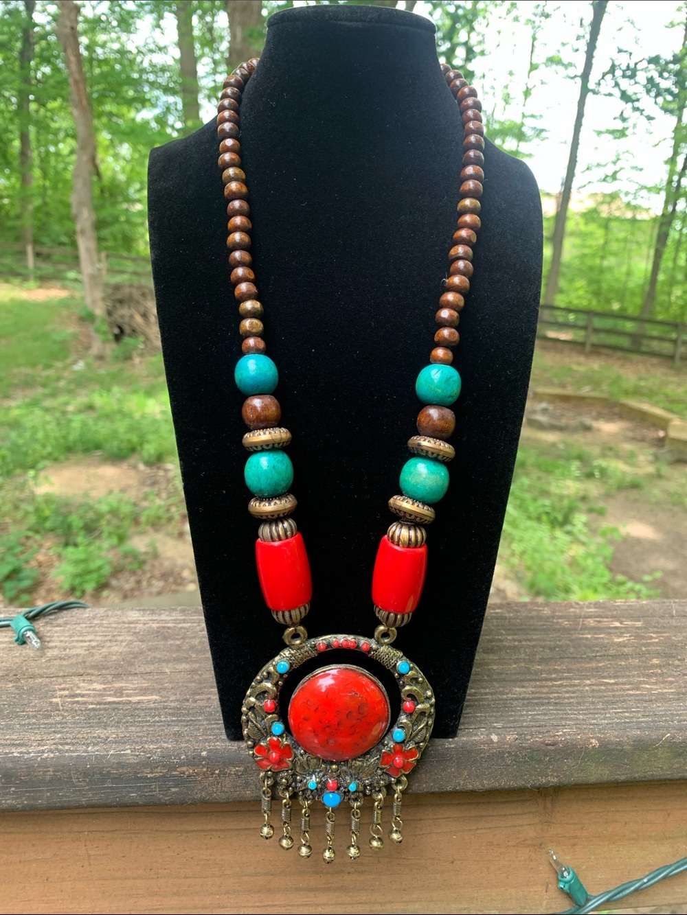 Vintage Bohemian Turquoise & Red Beaded Pendant Necklace
